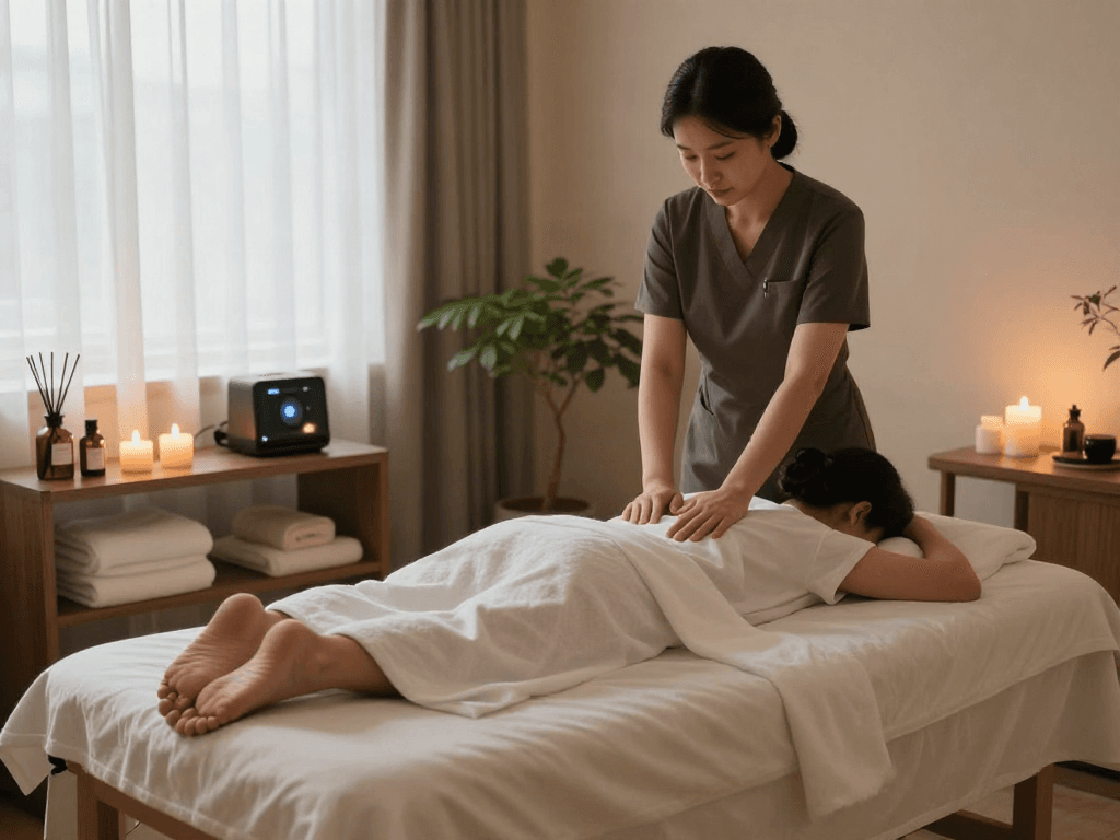 Relaxation moment during 서대문출장마사지 therapy with calming atmosphere and professional touch.