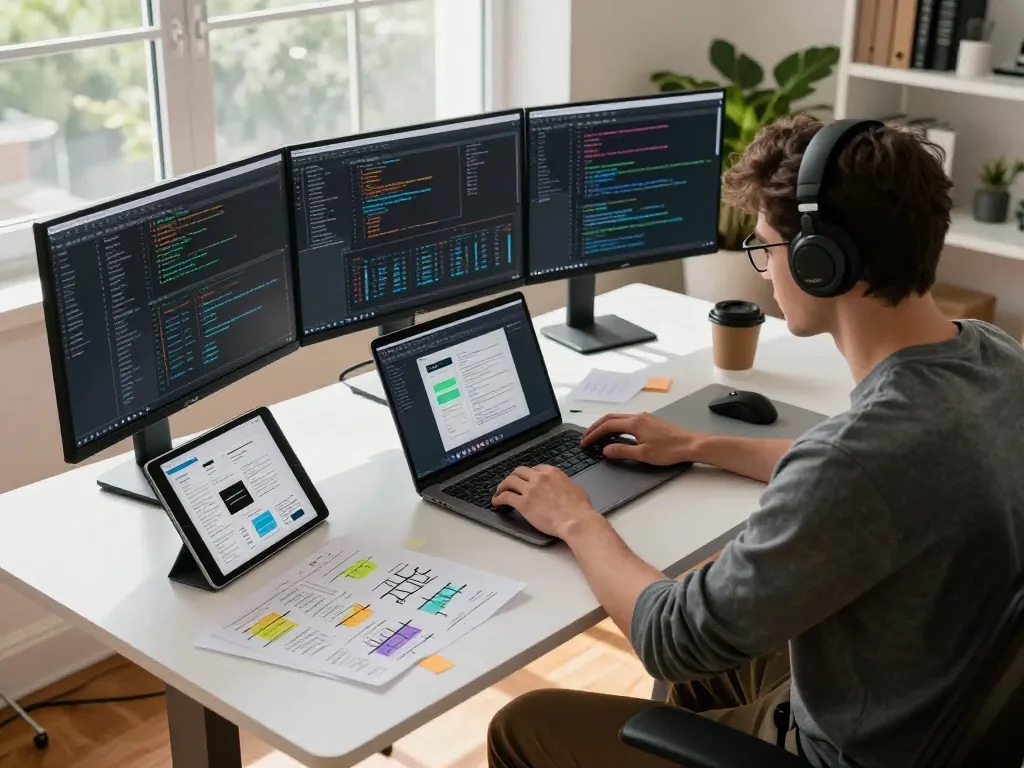 Clawdbot workspace with software engineer coding, multiple monitors, and natural light.