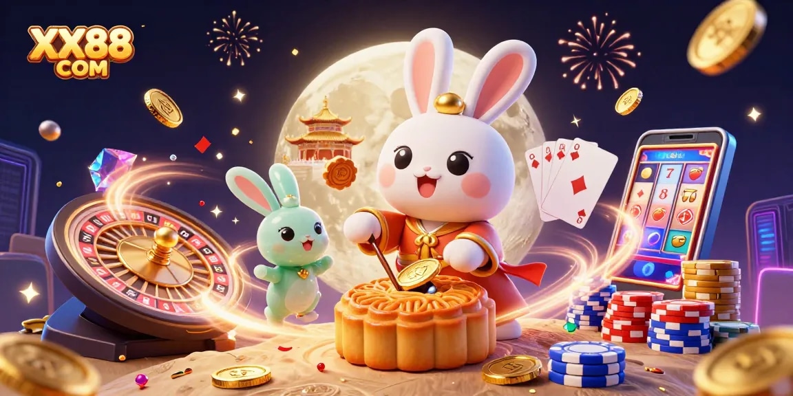 Experience excitement with XX88 COM in a vibrant 3D illustration of moon rabbits and casino elements.