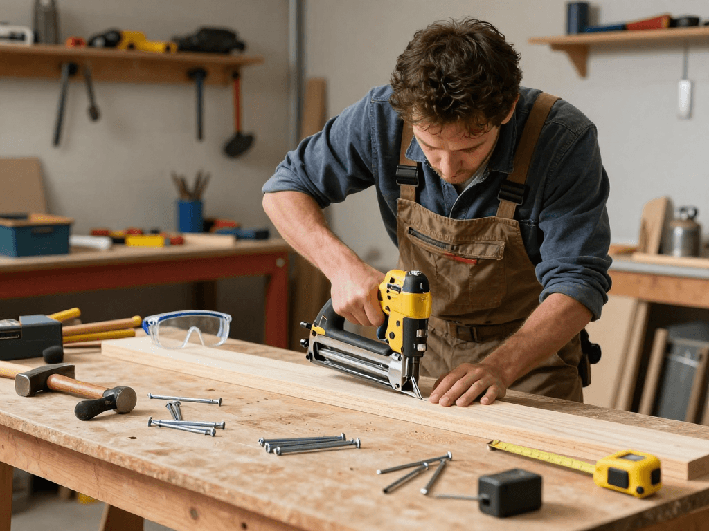 Un esperto che utilizza chiodi dewalt in un laboratorio di falegnameria.