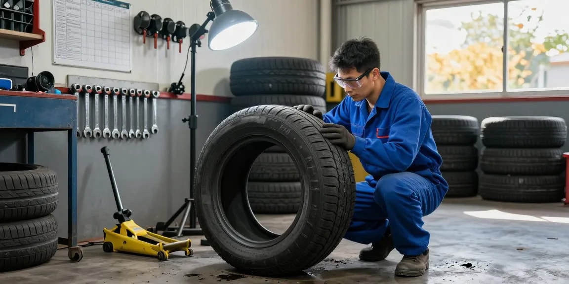 Mechanic inspecting Double Coin RR99 tire in a well-lit workshop with tools and specifications.