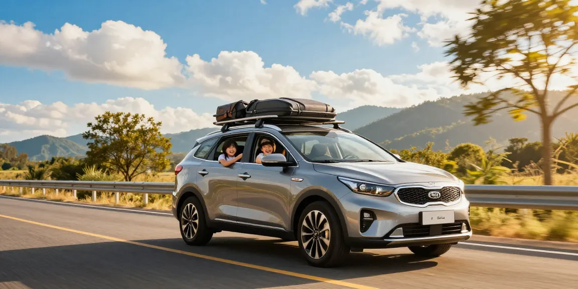 Noleggio lungo termine Kia: famiglia in viaggio sereno su strada panoramica con Kia.
