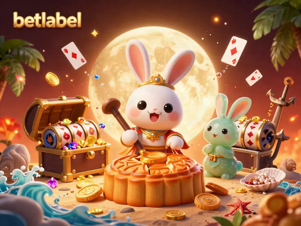 Engage with betlabel's vibrant casino scene featuring moon rabbits and dynamic slot reels.