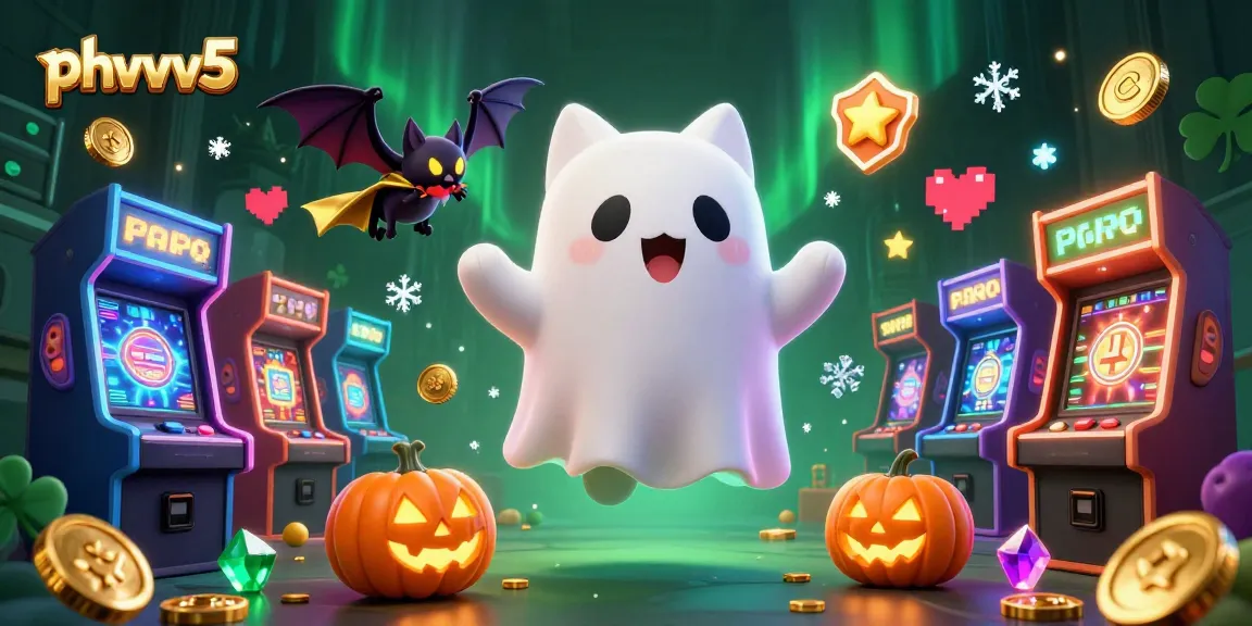 Engage with phvvv5 in a vibrant haunted casino scene featuring a ghost cat and treasures.