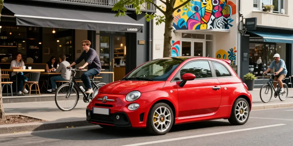 Scopri il noleggio lungo termine Abarth in una vivace scena urbana con la Abarth 595.