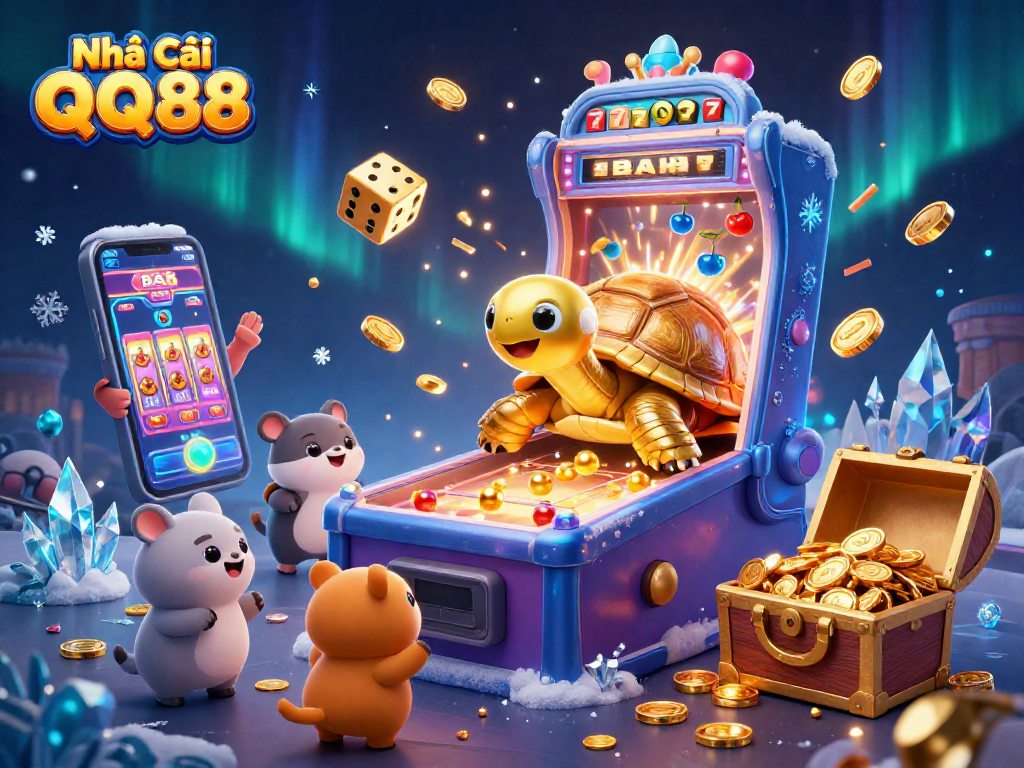 Experience exciting casino games at Nhà Cái QQ88 with vibrant jackpot celebrations and cartoon characters.