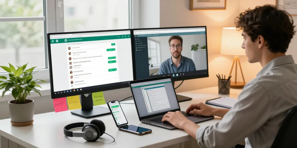 Professional using WhatsApp网页版 to connect during a video call in a stylish home office.