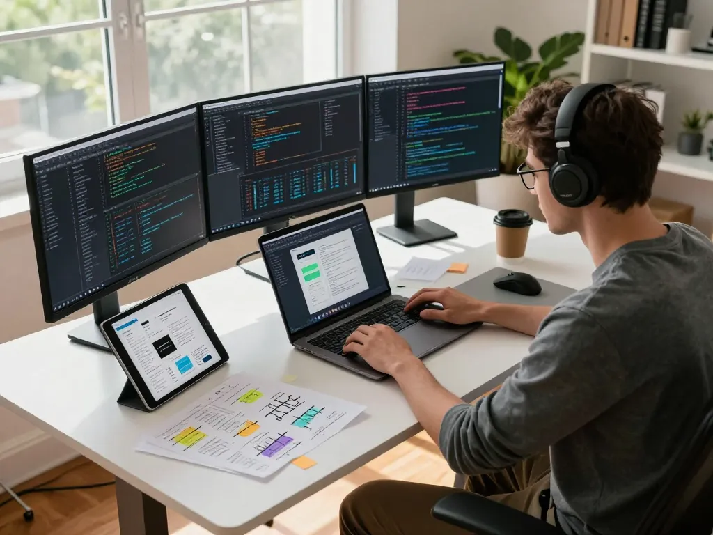 Clawdbot workspace with software engineer coding, multiple monitors, and natural light.