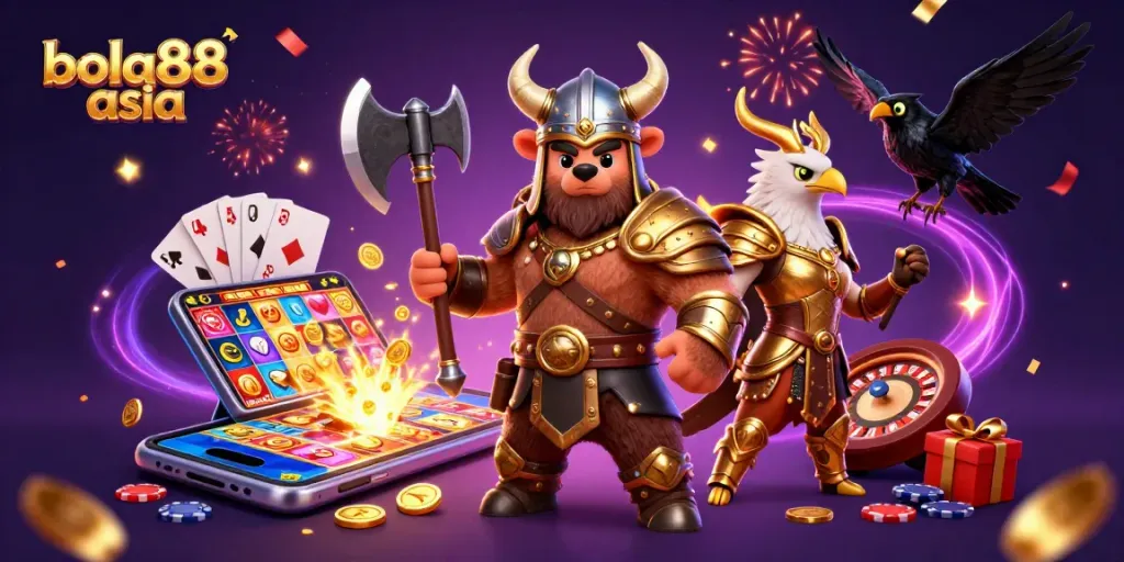Bola88 Asia offers thrilling slots gameplay with major wins among lively characters and colorful casino elements.