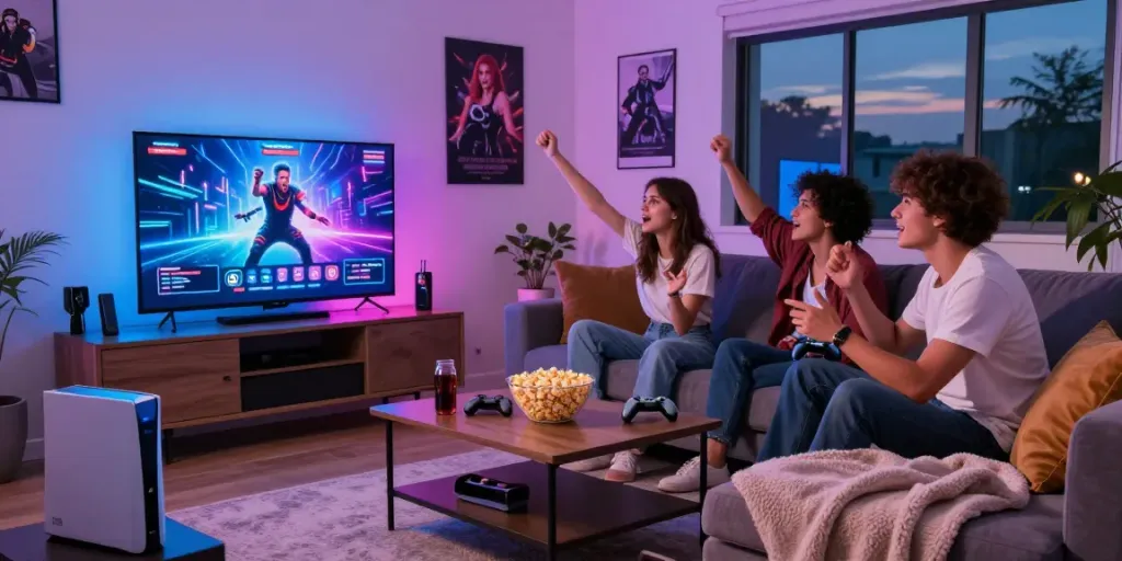 Gaming night with friends enjoying rokok88 multiplayer games and snacks in a cozy living room.