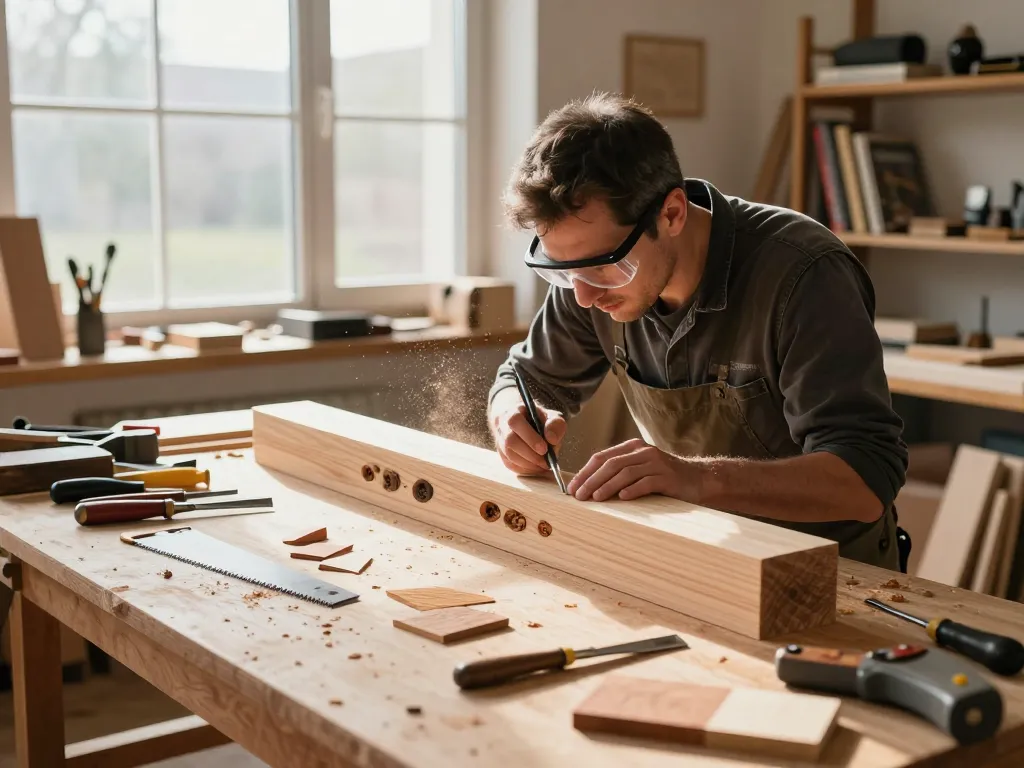 Artigiano che esamina i tarli del legno in una trave di legno durante la lavorazione del legno.