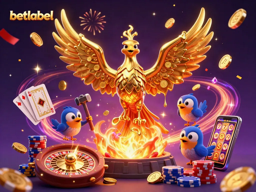 Experience the thrills with BetLabel's golden phoenix soaring amidst casino excitement.