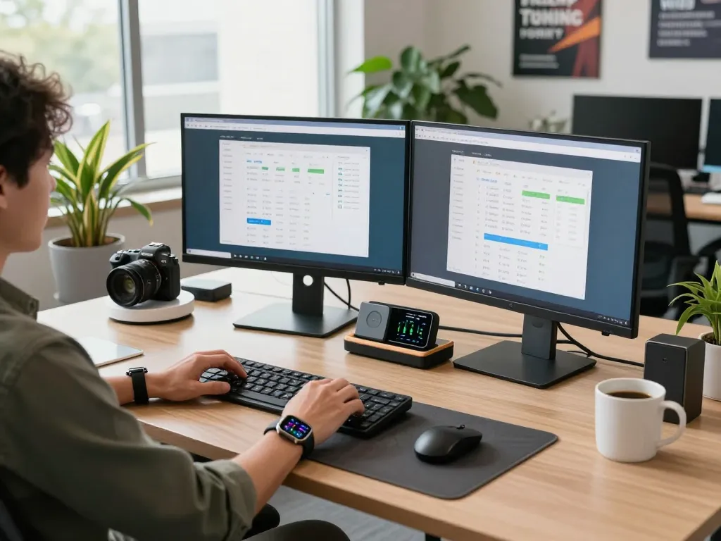 Innovative tech gadgets for productivity displayed in a modern workspace with dual monitors and smart devices.