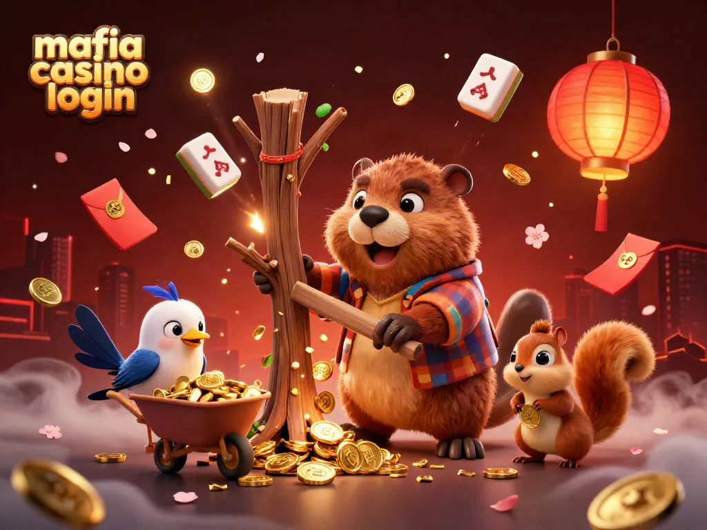 Mafia casino login offers a vibrant casino experience with cartoon characters surrounded by gold coins and gaming elements.