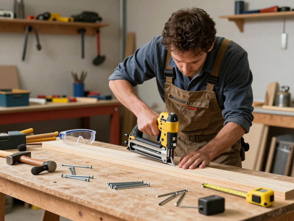 Un esperto che utilizza chiodi dewalt in un laboratorio di falegnameria.