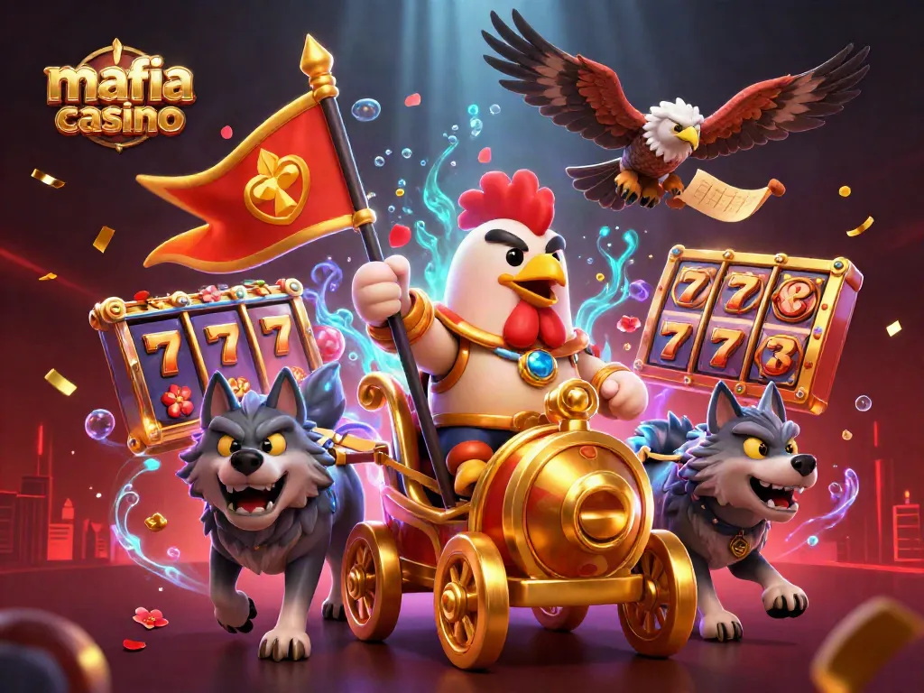 Experience excitement with mafia casino's unique 3D illustration featuring a cartoon warlord and vibrant game elements.