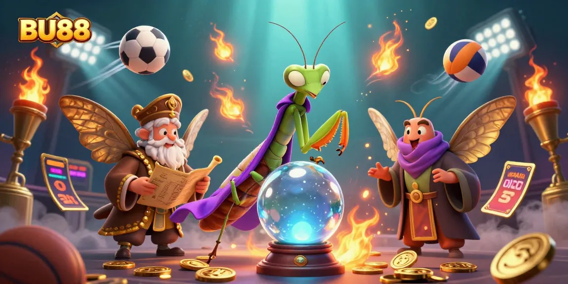 Engage with BU88 sports betting through a dynamic 3D scene of fortune tellers and action-packed gaming elements.