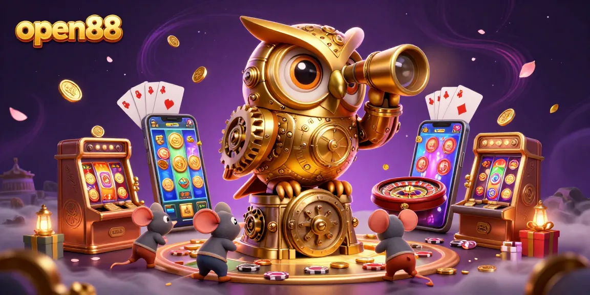 Spin reels and win big with open88 golden owl perched in a lively casino scene.