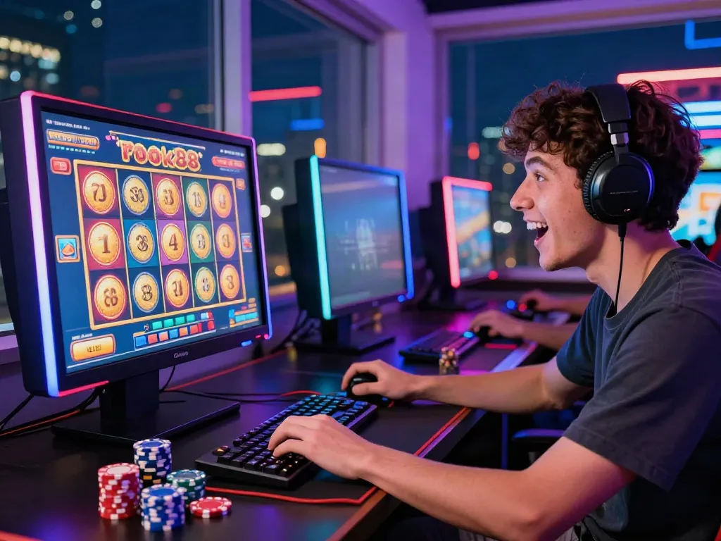 Excited player engaging with the rokok88 slot machine in a dynamic gaming setup, showcasing vibrant gaming atmosphere.