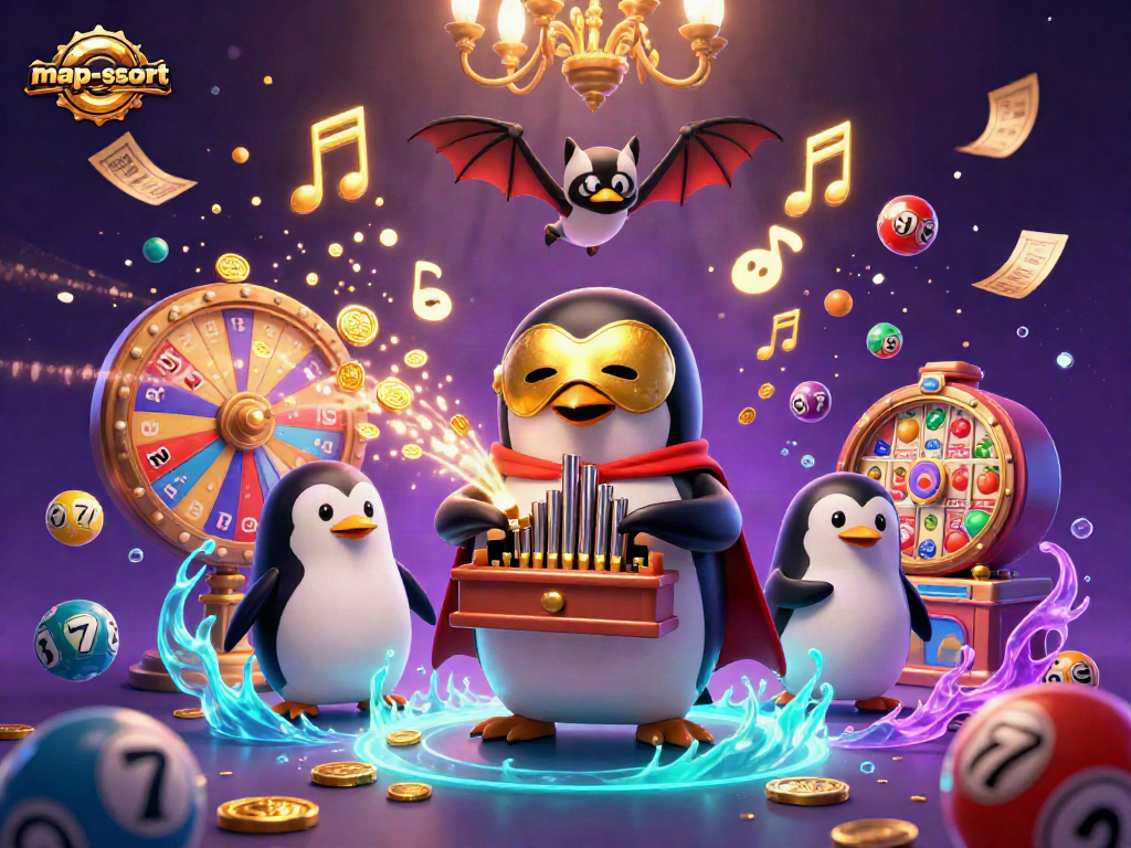 Experience excitement with the map-escort theme featuring a penguin playing a golden organ showering coins.