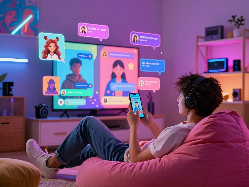 Engaging NSFW AI chat experience in vibrant digital landscape with colorful screens