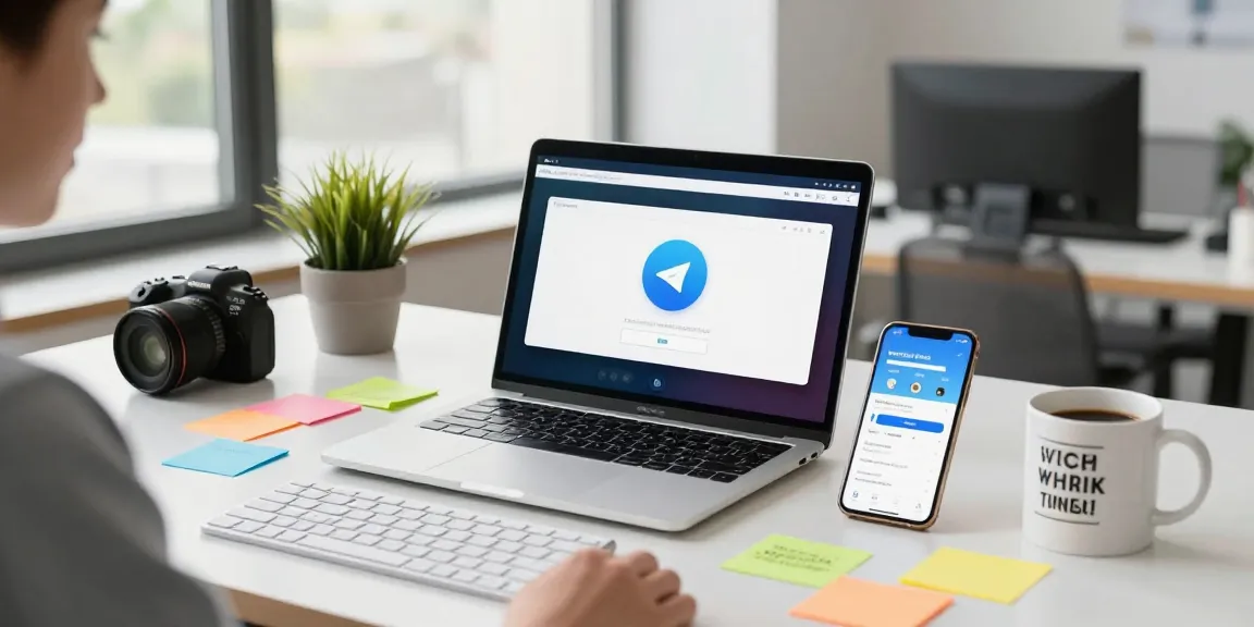 Download Telegram on a laptop in a modern tech workspace with a smartphone displaying the app interface.